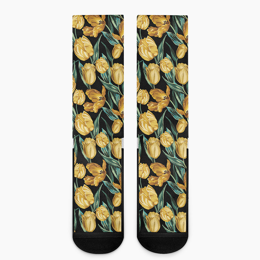 Yellow Tulip Floral Pattern Print Crew Socks