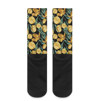Yellow Tulip Floral Pattern Print Crew Socks