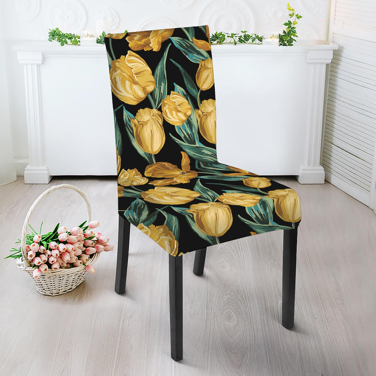 Yellow Tulip Floral Pattern Print Dining Chair Slipcover