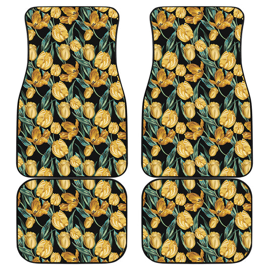 Yellow Tulip Floral Pattern Print Front and Back Car Floor Mats