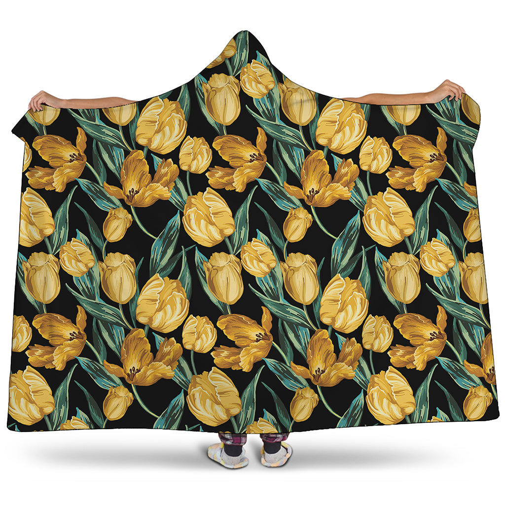 Yellow Tulip Floral Pattern Print Hooded Blanket