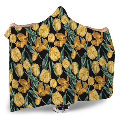 Yellow Tulip Floral Pattern Print Hooded Blanket