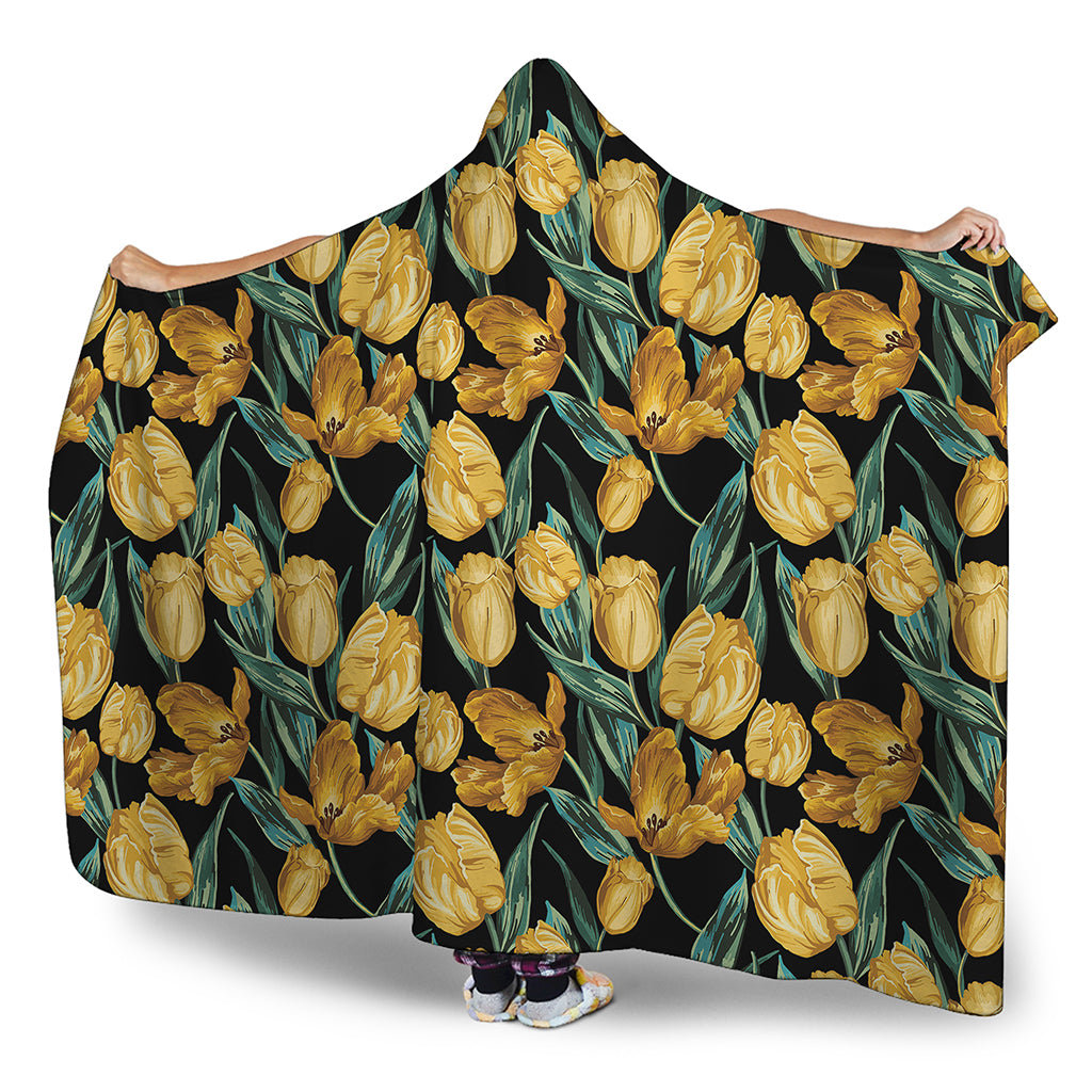 Yellow Tulip Floral Pattern Print Hooded Blanket
