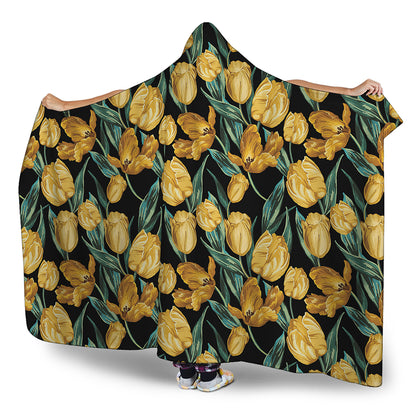 Yellow Tulip Floral Pattern Print Hooded Blanket