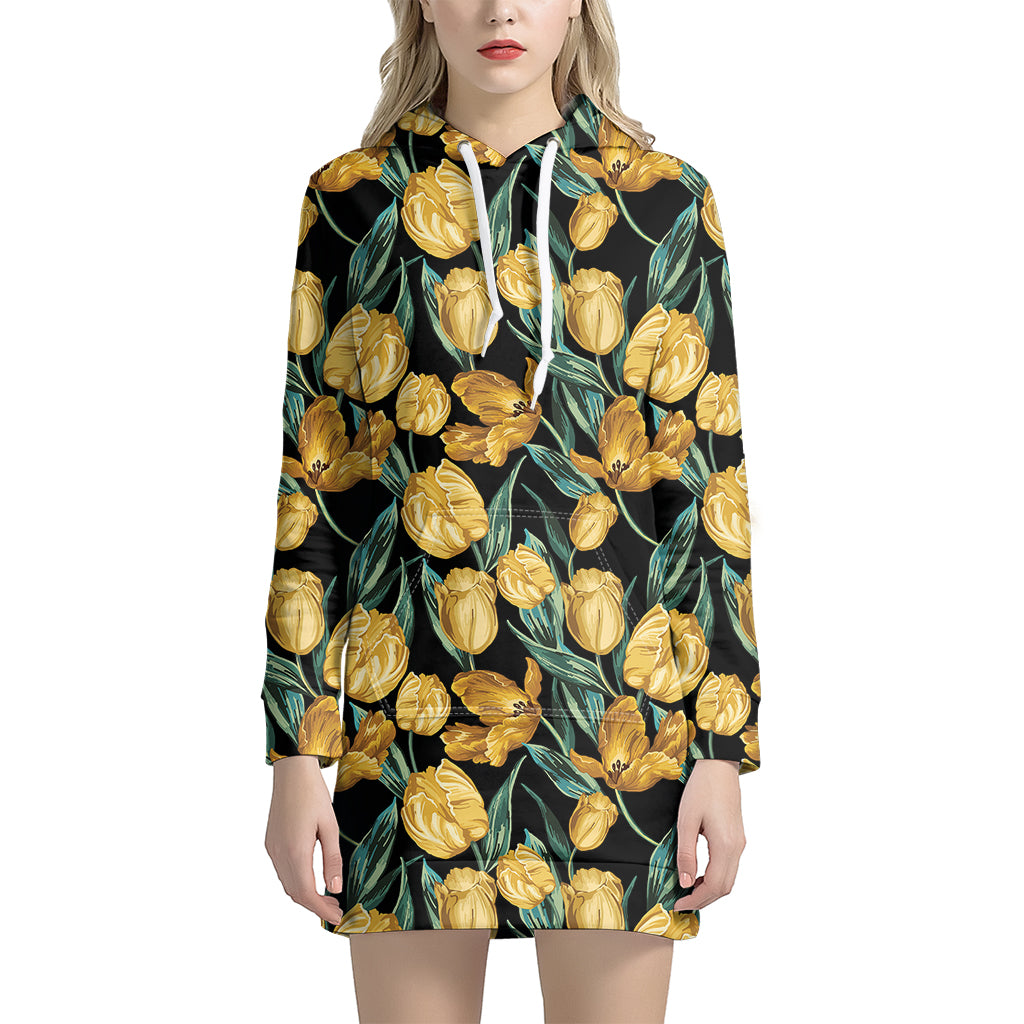 Yellow Tulip Floral Pattern Print Hoodie Dress