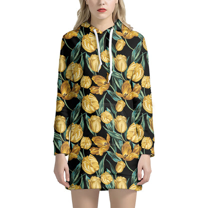 Yellow Tulip Floral Pattern Print Hoodie Dress