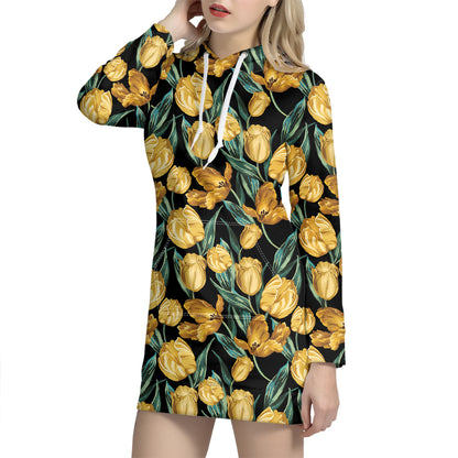 Yellow Tulip Floral Pattern Print Hoodie Dress
