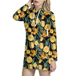 Yellow Tulip Floral Pattern Print Hoodie Dress