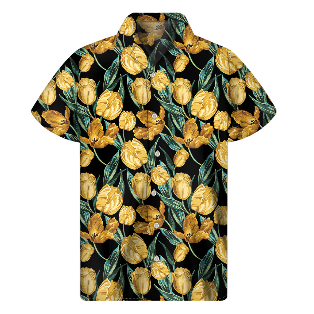 Yellow Tulip Floral Pattern Print Men's Short Sleeve Shirt