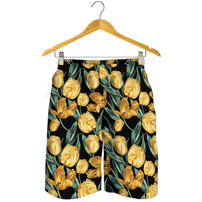 Yellow Tulip Floral Pattern Print Men's Shorts