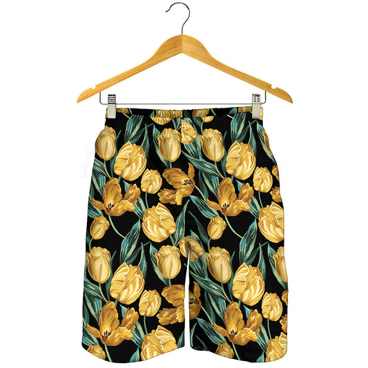 Yellow Tulip Floral Pattern Print Men's Shorts