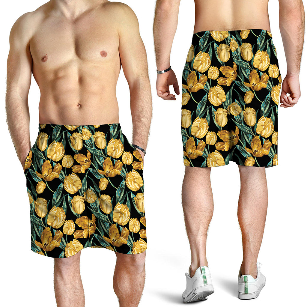Yellow Tulip Floral Pattern Print Men's Shorts