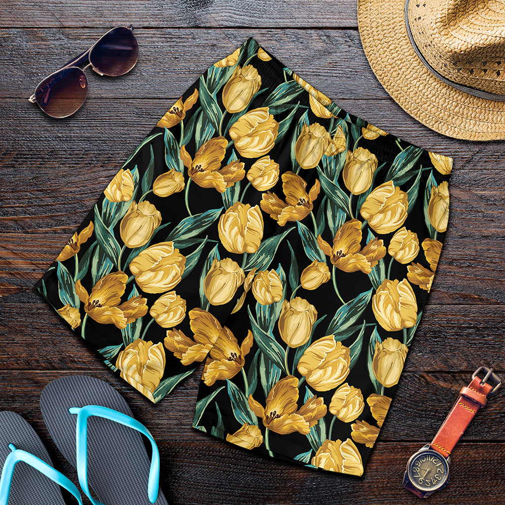Yellow Tulip Floral Pattern Print Men's Shorts