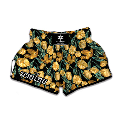 Yellow Tulip Floral Pattern Print Muay Thai Boxing Shorts