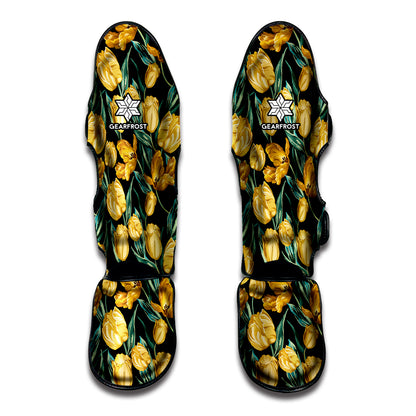Yellow Tulip Floral Pattern Print Muay Thai Shin Guard