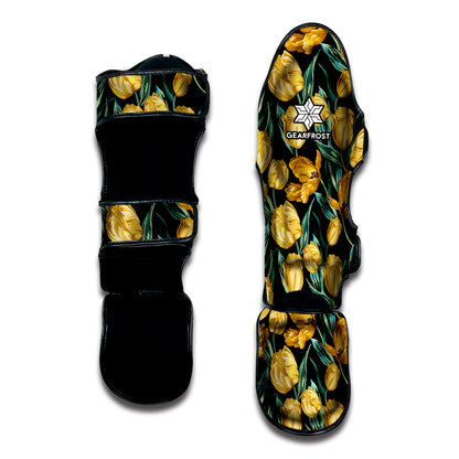 Yellow Tulip Floral Pattern Print Muay Thai Shin Guard