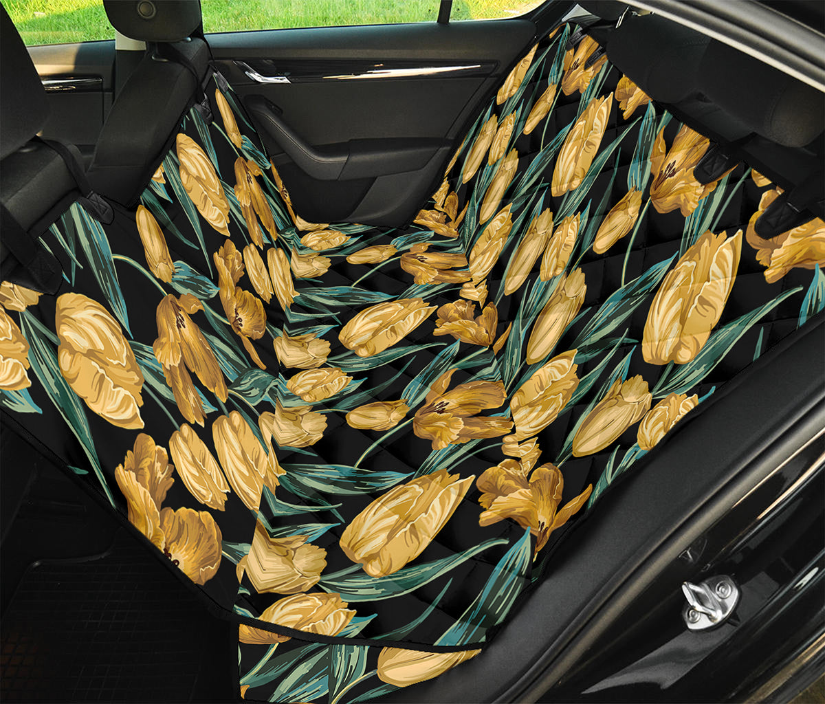 Yellow Tulip Floral Pattern Print Pet Car Back Seat Cover