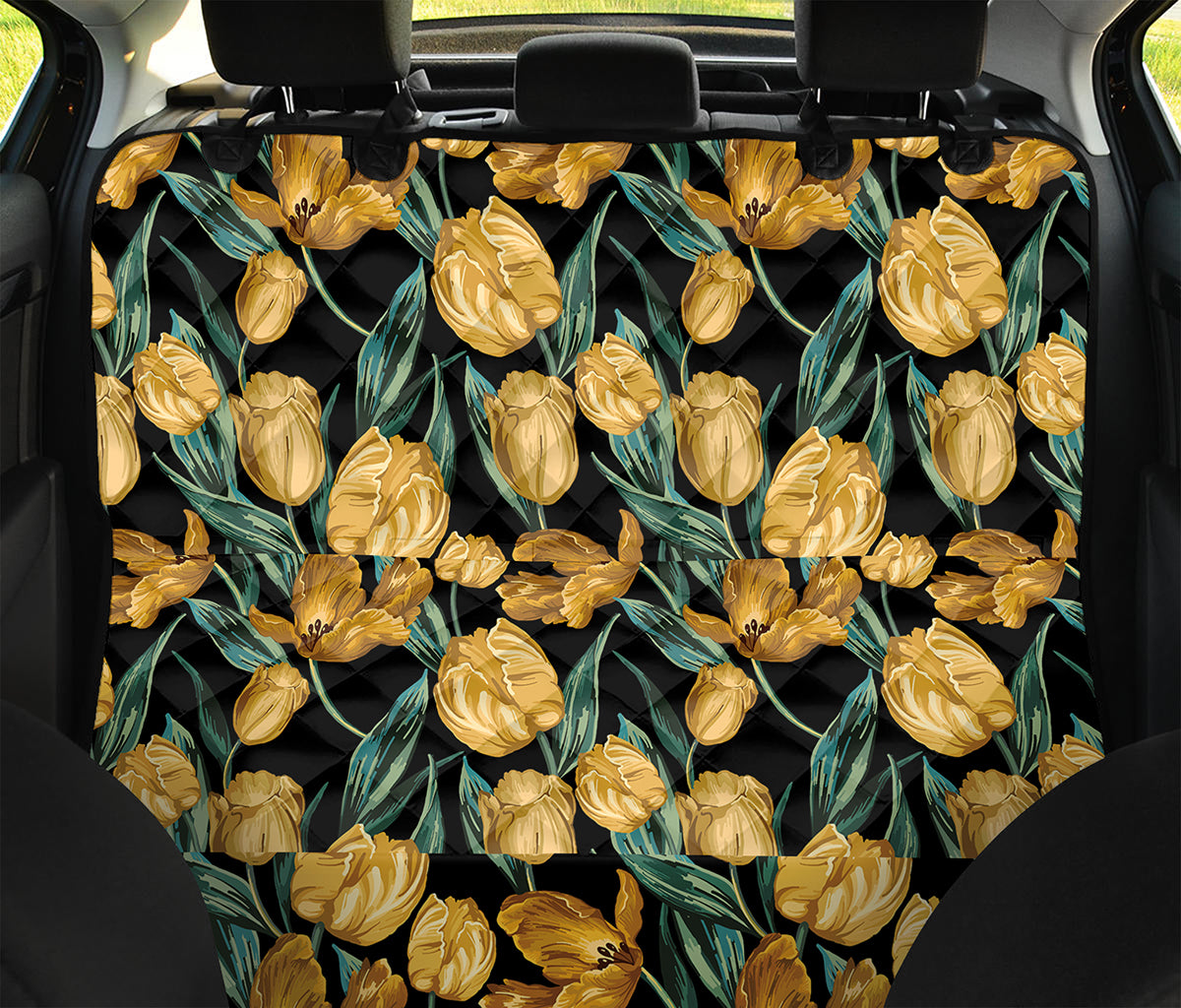 Yellow Tulip Floral Pattern Print Pet Car Back Seat Cover