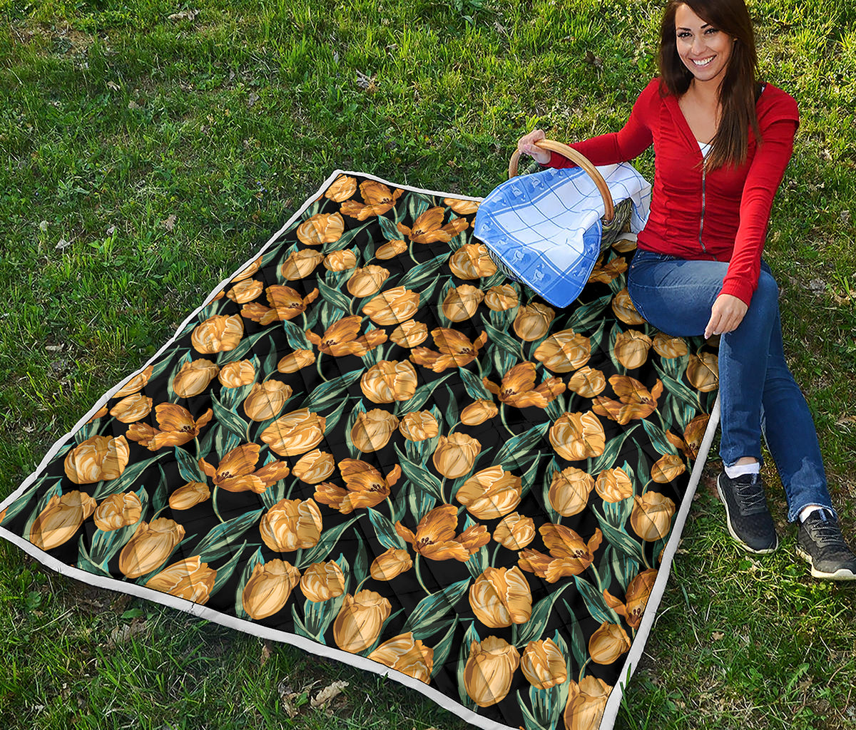 Yellow Tulip Floral Pattern Print Quilt