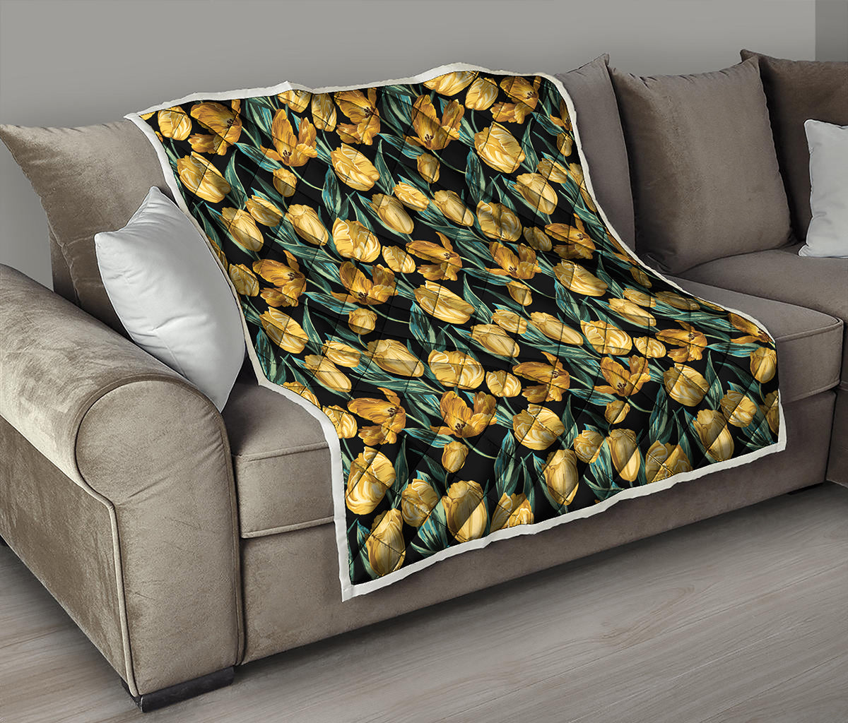 Yellow Tulip Floral Pattern Print Quilt