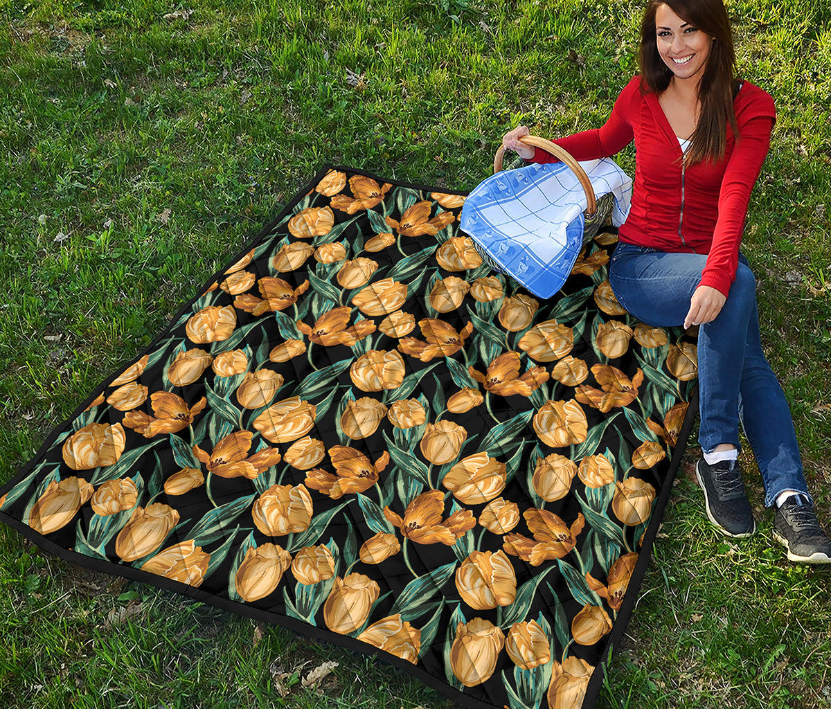 Yellow Tulip Floral Pattern Print Quilt