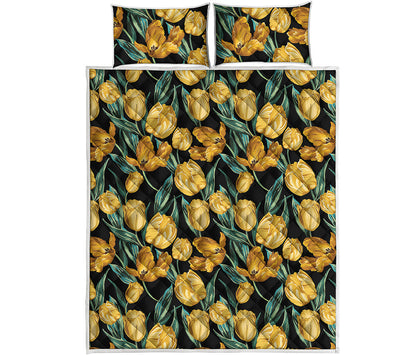 Yellow Tulip Floral Pattern Print Quilt Bed Set
