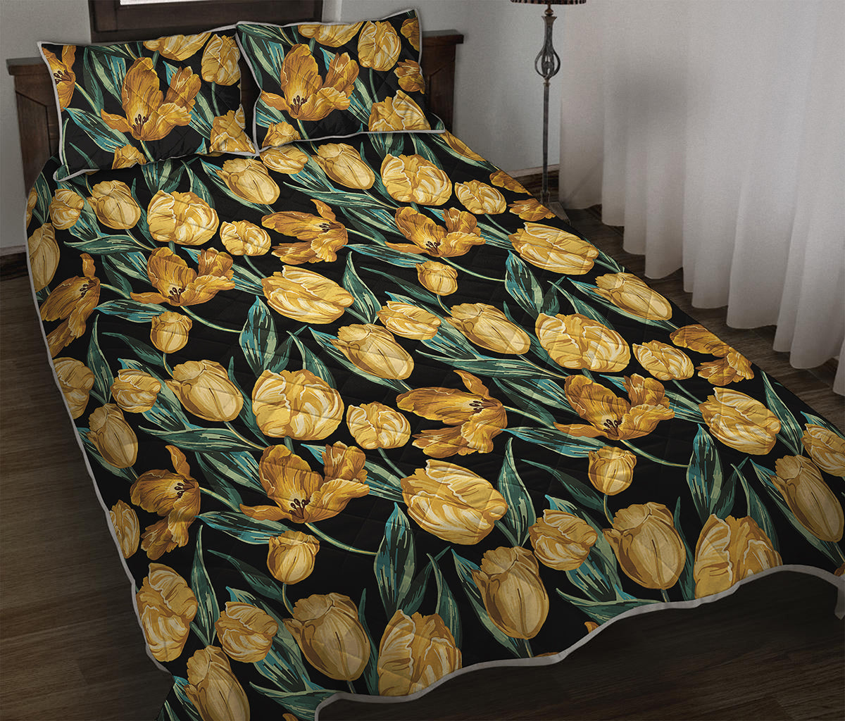 Yellow Tulip Floral Pattern Print Quilt Bed Set