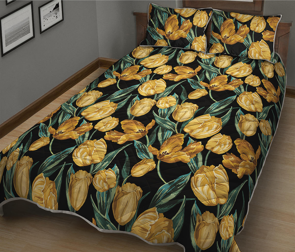 Yellow Tulip Floral Pattern Print Quilt Bed Set