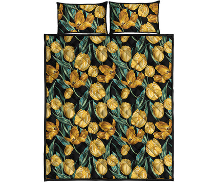 Yellow Tulip Floral Pattern Print Quilt Bed Set