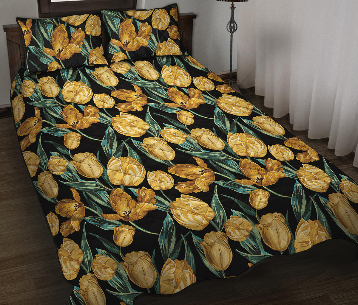 Yellow Tulip Floral Pattern Print Quilt Bed Set