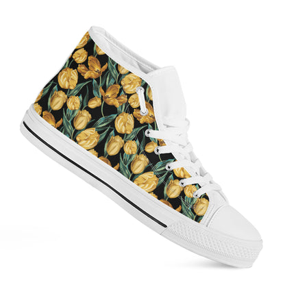 Yellow Tulip Floral Pattern Print White High Top Shoes