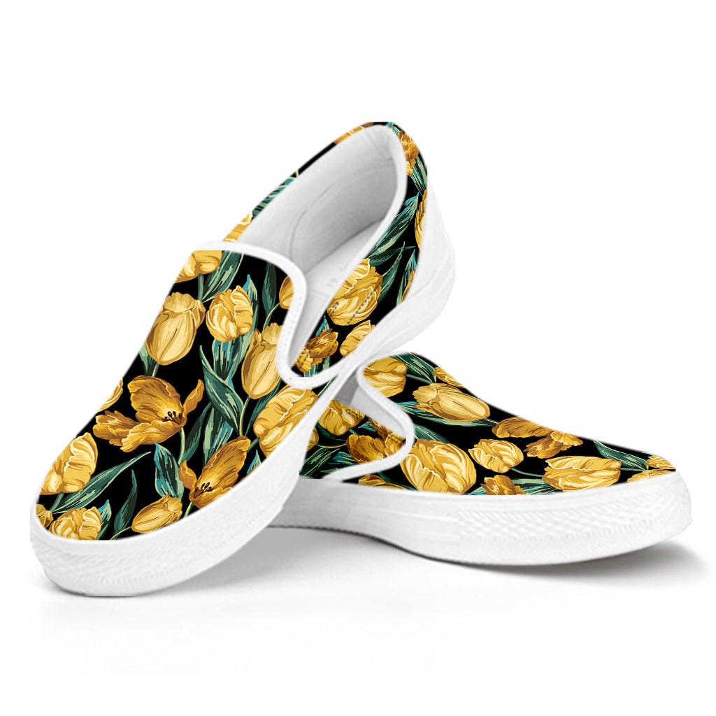 Yellow Tulip Floral Pattern Print White Slip On Shoes