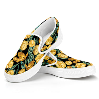 Yellow Tulip Floral Pattern Print White Slip On Shoes