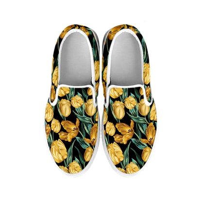 Yellow Tulip Floral Pattern Print White Slip On Shoes