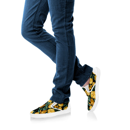 Yellow Tulip Floral Pattern Print White Slip On Shoes