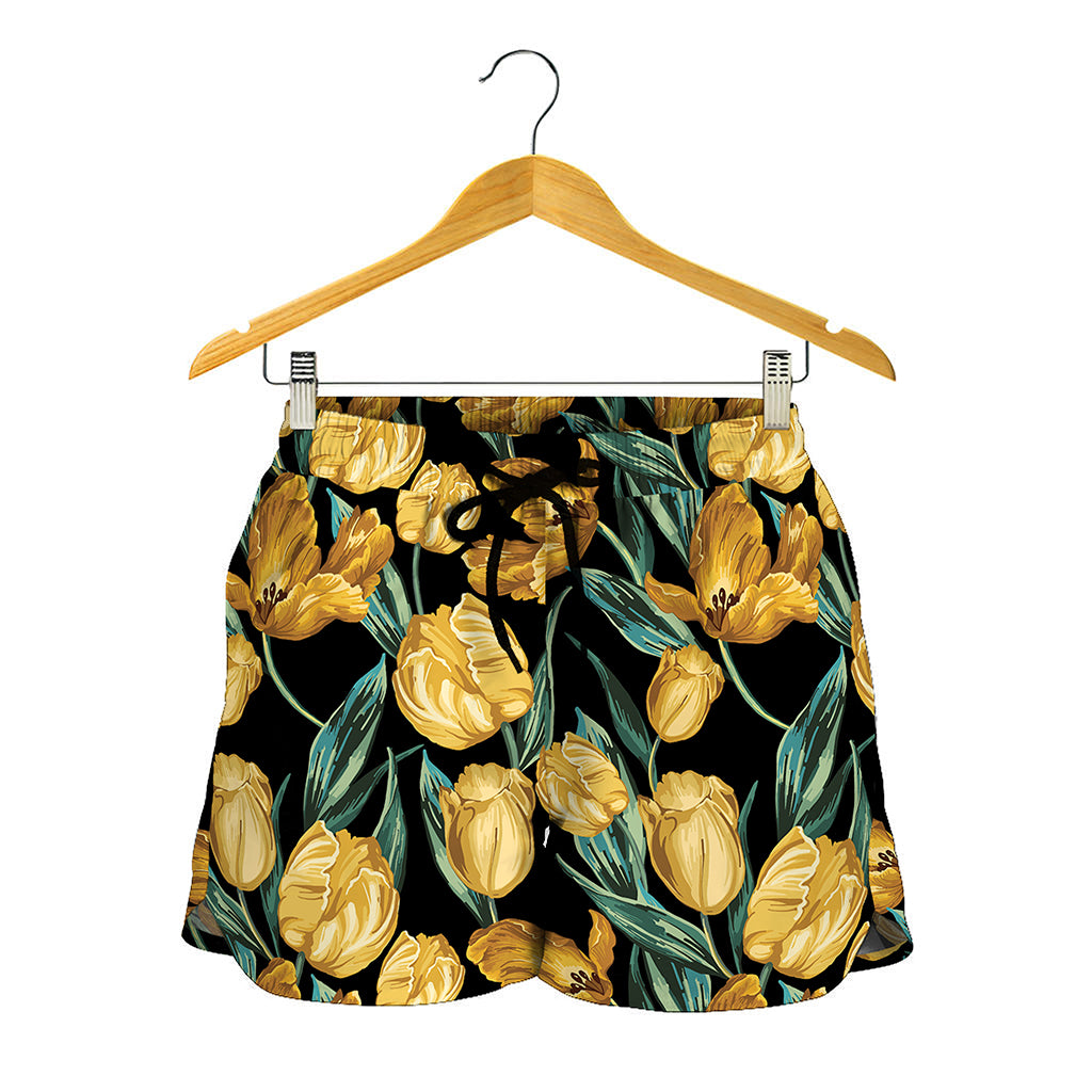 Yellow Tulip Floral Pattern Print Women's Shorts