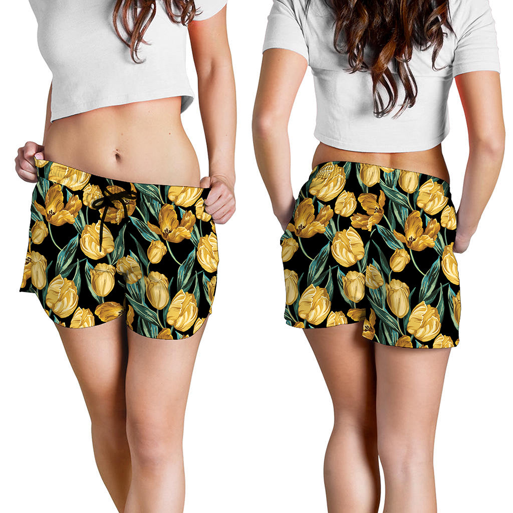 Yellow Tulip Floral Pattern Print Women's Shorts