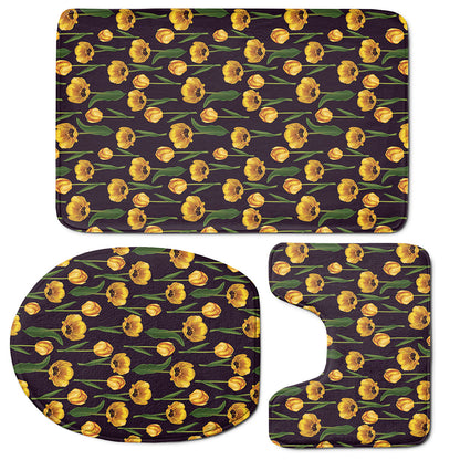Yellow Tulip Flower Pattern Print 3 Piece Bath Mat Set