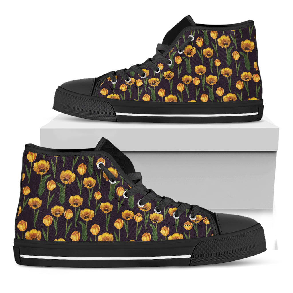 Yellow Tulip Flower Pattern Print Black High Top Shoes