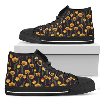 Yellow Tulip Flower Pattern Print Black High Top Shoes