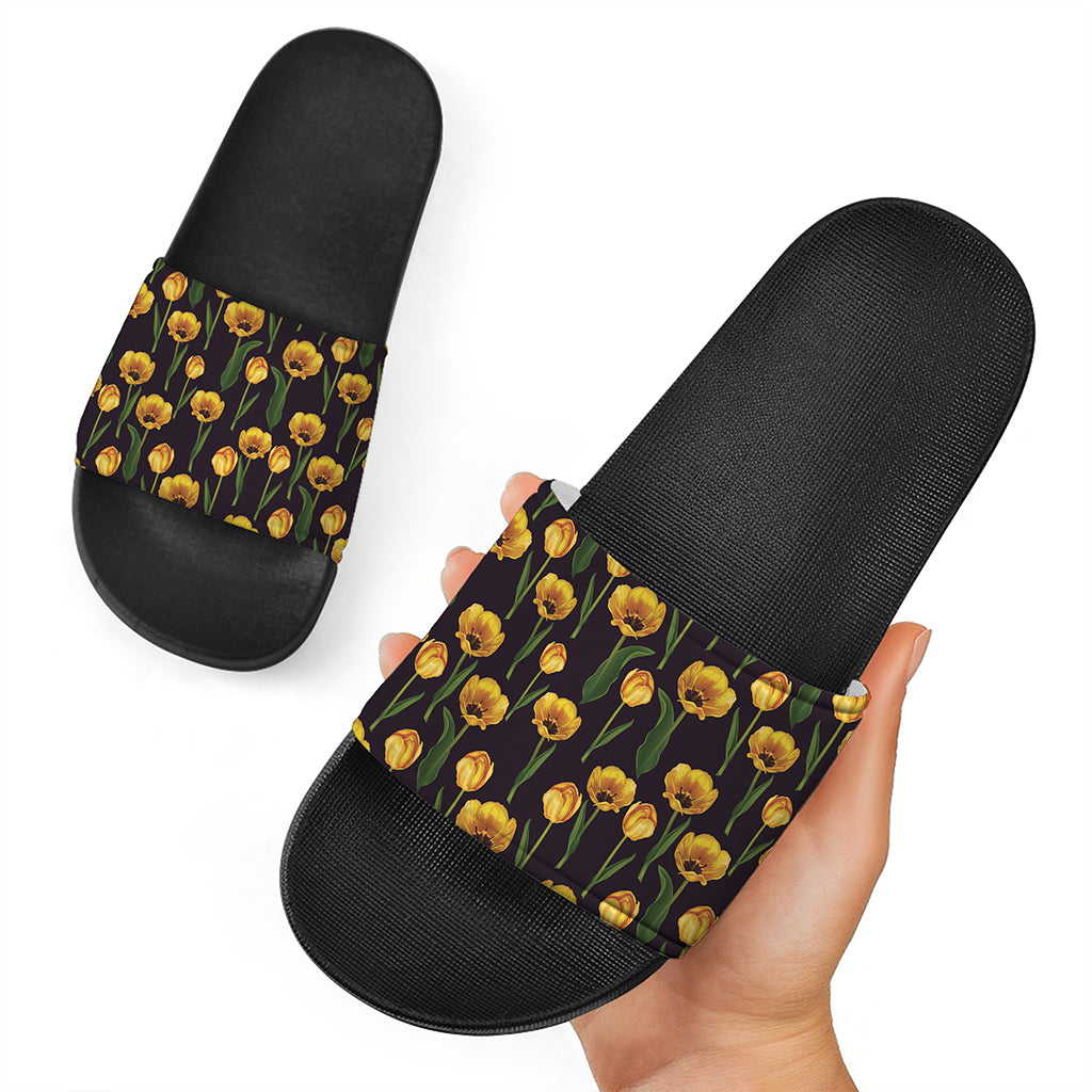 Yellow Tulip Flower Pattern Print Black Slide Sandals
