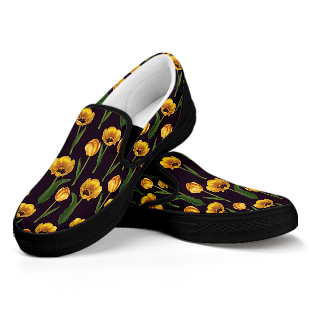 Yellow Tulip Flower Pattern Print Black Slip On Shoes