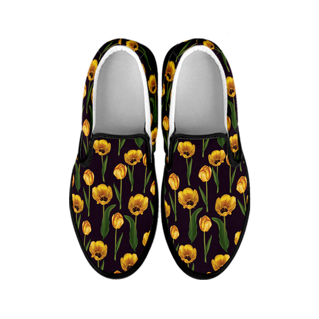 Yellow Tulip Flower Pattern Print Black Slip On Shoes