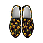 Yellow Tulip Flower Pattern Print Black Slip On Shoes