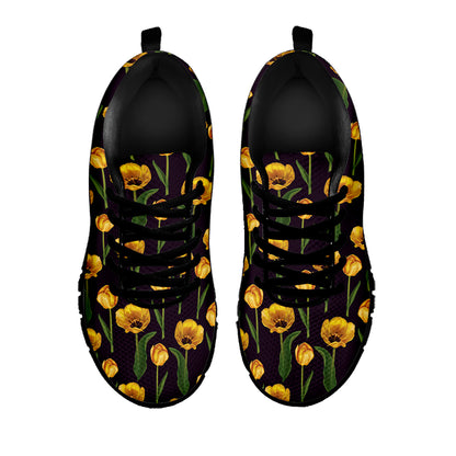 Yellow Tulip Flower Pattern Print Black Sneakers