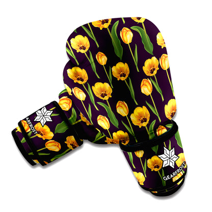 Yellow Tulip Flower Pattern Print Boxing Gloves