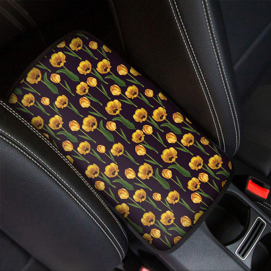 Yellow Tulip Flower Pattern Print Car Center Console Cover