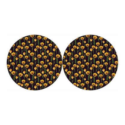Yellow Tulip Flower Pattern Print Car Coasters