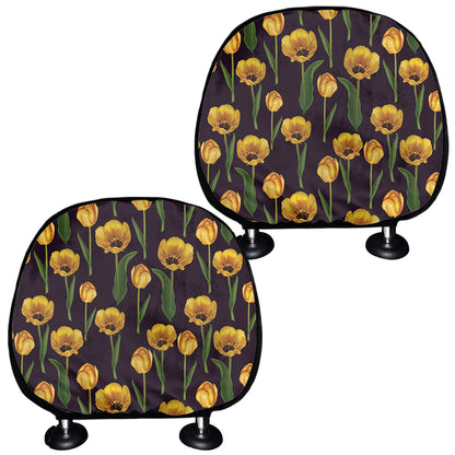 Yellow Tulip Flower Pattern Print Car Headrest Covers