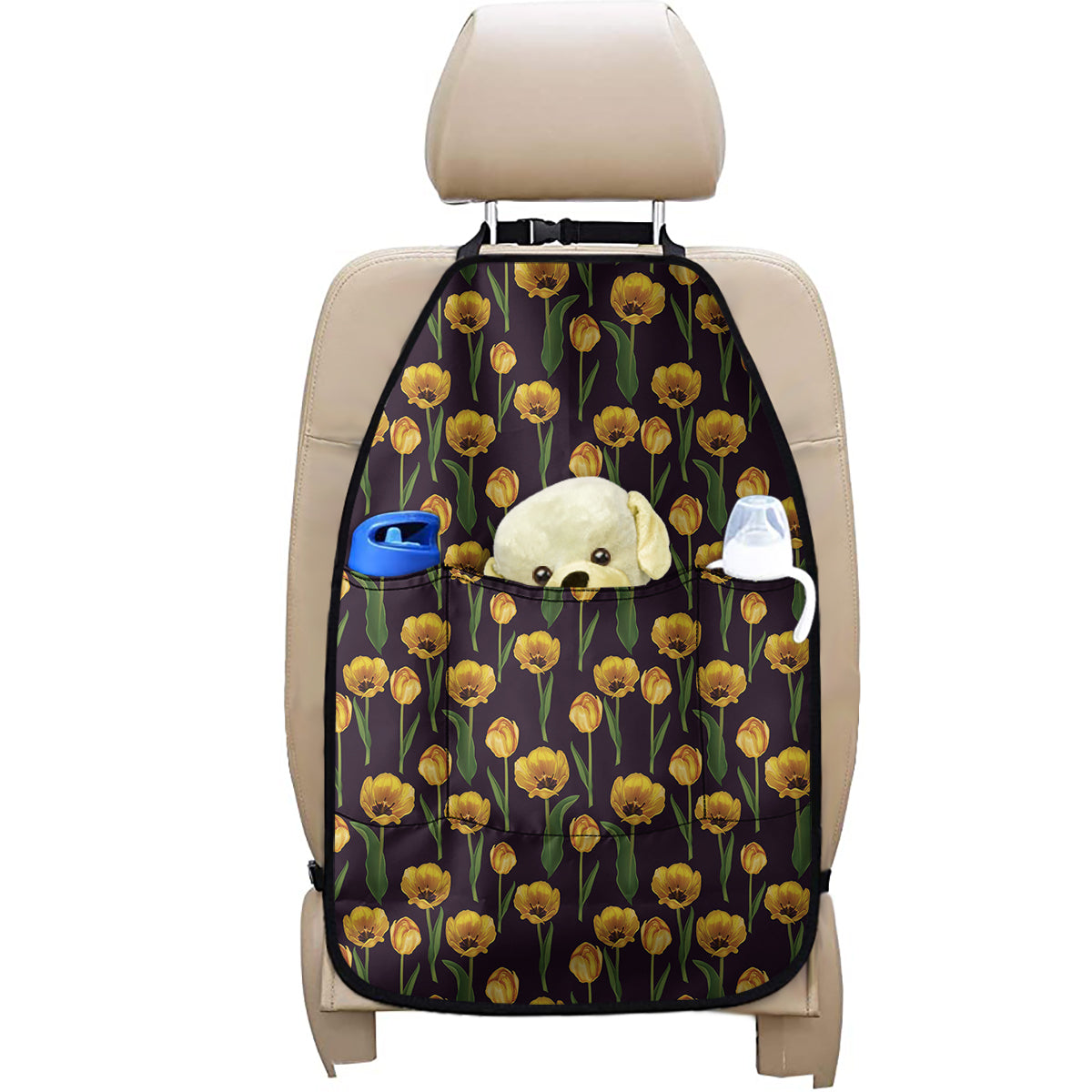 Yellow Tulip Flower Pattern Print Car Seat Organizers